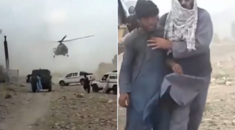 Feridos são transportados em helicópteros após terremoto no Afeganistão. (Reprodução/Boletim JR 24H)